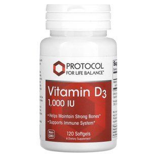 Вітамін D3, Vitamin D3, Protocol for Life Balance, 1000 МО, 120 гелевих капсул PRT-10365 фото