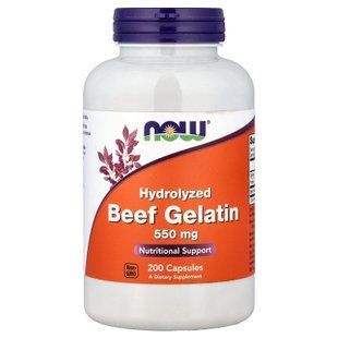 Гідролізат яловичого желатину, Hydrolyzed Beef Gelatin, NOW Foods, 200 капсул (550 мг на капсулу) NOW-06505 фото