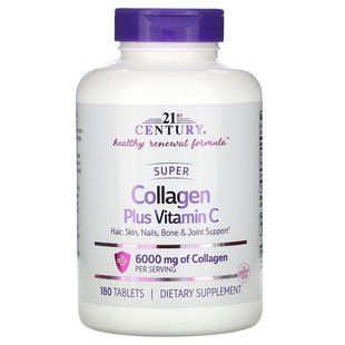 Суперколлаген плюс вітамін C, Super Collagen Plus Vitamin C, 21st Century, 6000 мг, 180 таблеток CEN-22424 фото