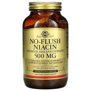 Ніацин, No-Flush Niacin, Solgar, не викликаючий почервоніння, 500 мг, 250 вегетаріанських капсул SOL-01912 фото