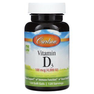 Вітамін D-3, Vitamin D3, Carlson, 100 мкг (4000 МО), 120 гелевих капсул CAR-01431 фото