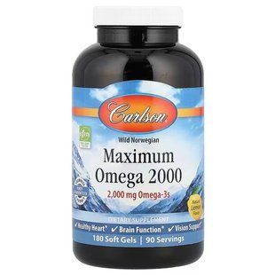 Омега, Maximum Omega, Carlson, Wild Norwegian, натуральний лимон, 2000 мг, 180 гелевих капсул (1000 мг на 1 капсулу) CAR-17220 фото