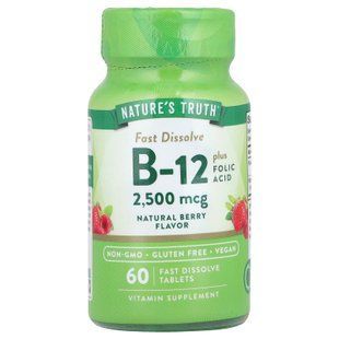 Вітамін B-12 плюс фолієва кислота, Vitamin B-12, Nature's Truth, смак ягід, 2500 мкг, 60 швидкорозчинних таблеток NTH-10177 фото