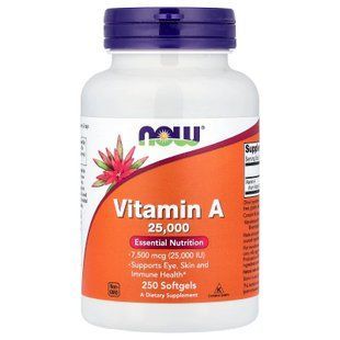 Вітамін А, Vitamin A, Now Foods, 7500 мкг (25000 МО), 250 гелевих капсул NOW-00342 фото