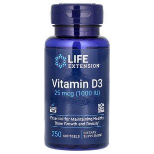 Вітамін D3, Vitamin D3, Life Extension, 25 мкг (1000 МО), 250 гелевих капсул LEX-17512 фото