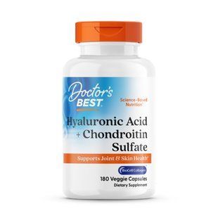 Гіалуронова кислота та хондроїтинсульфат, Hyaluronic Acid + Chondroitin Sulfate with BioCell Collagen, Doctor's Best, з колагеном BioCell, 180 вегетаріанських капсул DRB-00228 фото