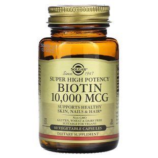 Біотин, Biotin, Super High Potency, Solgar, висока ефективність, 10000 мкг, 60 капсул SOL-52387 фото