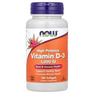 Вітамін D-3, Vitamin D-3, NOW Foods, високоефективний, 1000 МО, 180 гелевих капсул NOW-00365 фото