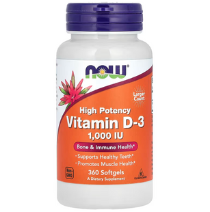 Вітамін D-3, Vitamin D-3, NOW Foods, високоефективний, 25 мкг (1000 МО), 360 гелевих капсул NOW-00375 фото