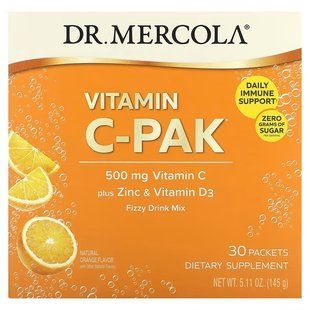 Вітамін С + цинк та вітамін D3, Vitamin C-PAK with Quercetin, Dr. Mercola, зі смаком апельсина, 500 мг, 30 пакетиків (4.84 г кожний) MCL-21020 фото